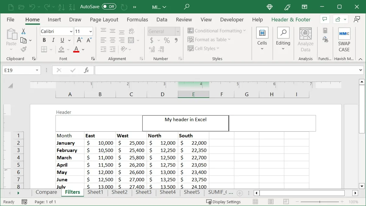 En-tête avec texte personnalisé dans Excel