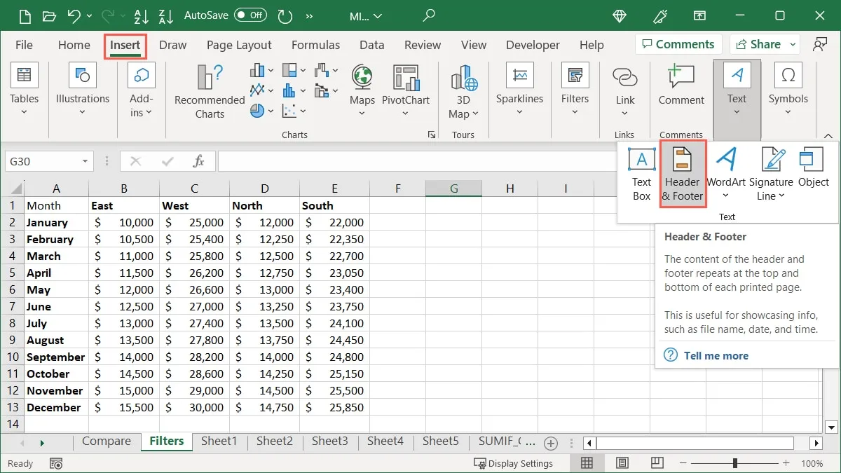 En-tête et pied de page de l'onglet Insertion dans Excel