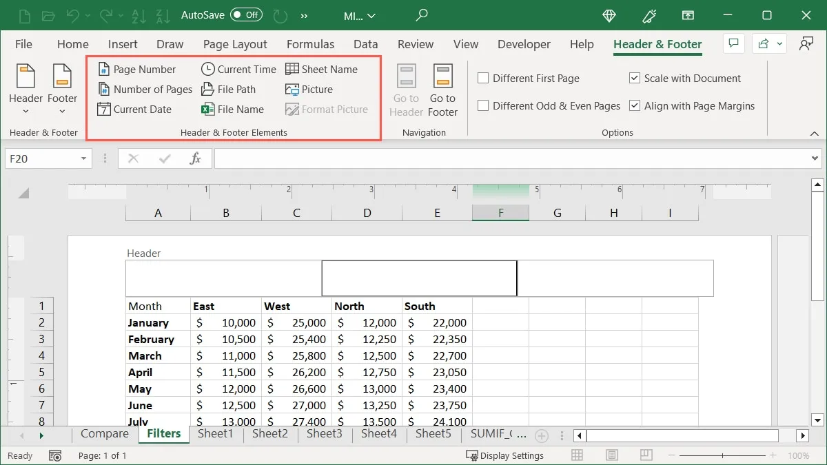 Détails de l'en-tête dans Excel
