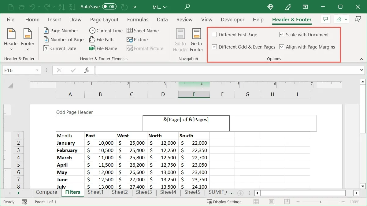 Options d'en-tête dans Excel