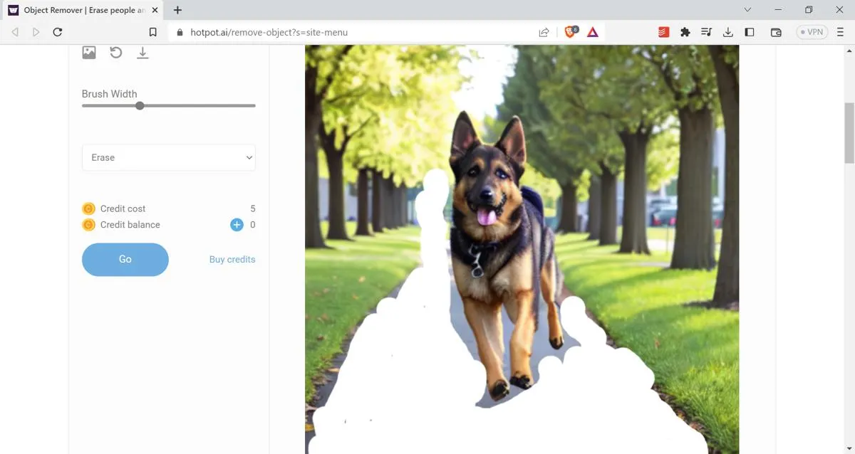 Editor di immagini Hotpot Ai che utilizza la rimozione di oggetti sullo screenshot dell'immagine del pastore tedesco