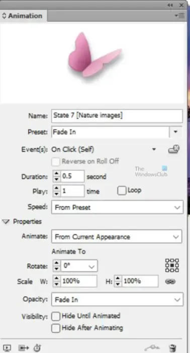 InDesign でインタラクティブなボタンを作成する方法 - オプション付きのアニメーション パレット
