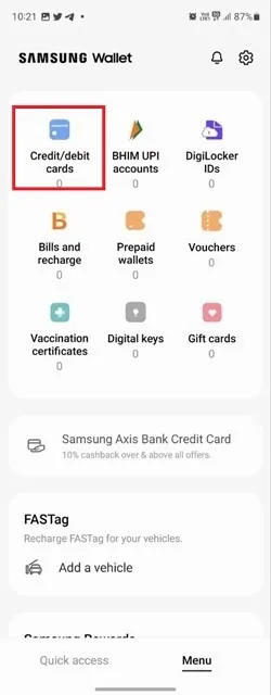 Option cartes de crédit/débit dans l'application Samsung Wallet.