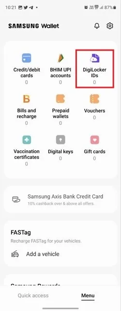 Sélection de l'option ID DigiLocker dans l'application Samsung Wallet.