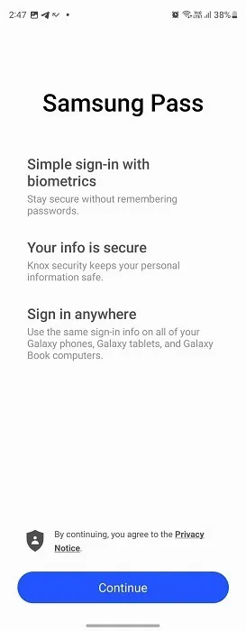 Configuration de Samsung Pass à l'aide des informations d'identification du compte Samsung.