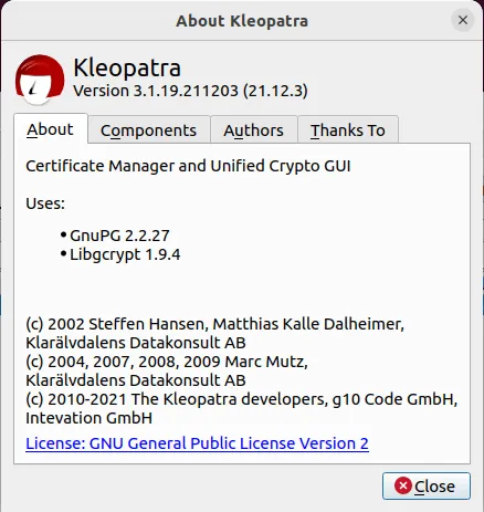 Une capture d'écran de la version du programme GNU Kleopatra.