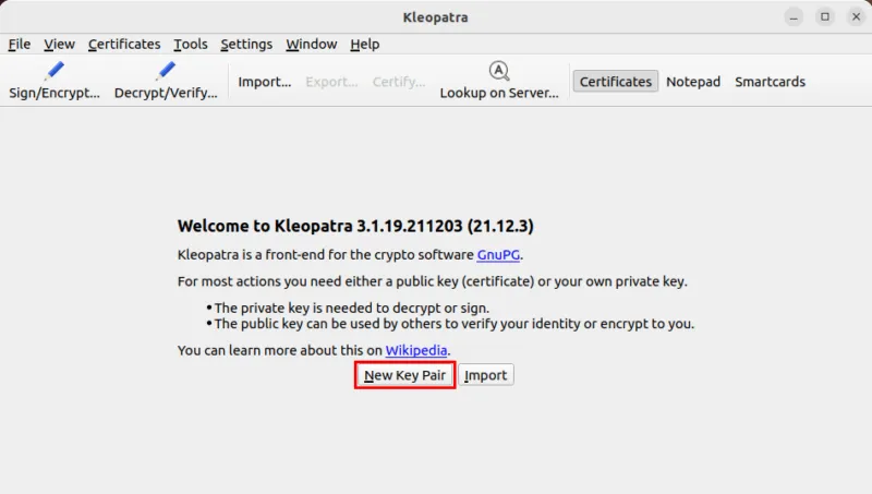 Una captura de pantalla de la pantalla de bienvenida de GNU Kleopatra.