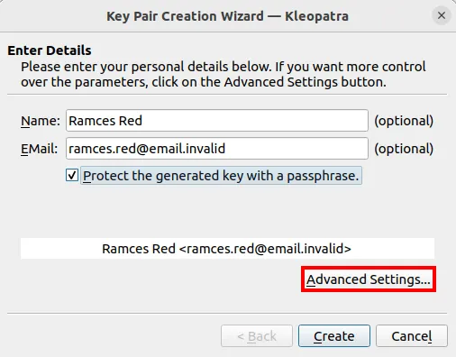 Une capture d'écran du bouton Paramètres avancés... dans GNU Kleopatra.