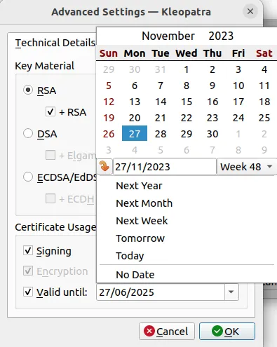 Una captura de pantalla que muestra el valor de la fecha modificada para el vencimiento de la clave GPG.