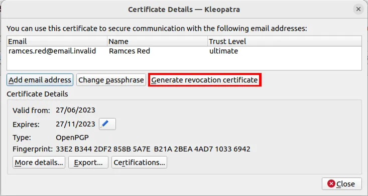 Ein Screenshot, der die Sperrzertifikatoption in GNU Kleopatra hervorhebt.