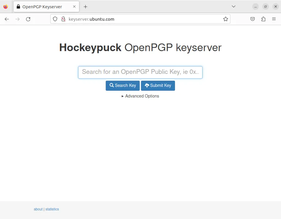 Una captura de pantalla que muestra el sitio web del servidor de claves de Ubuntu.