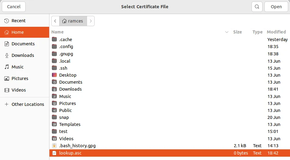 Una captura de pantalla que muestra la nueva clave pública GPG dentro del indicador del selector de archivos.