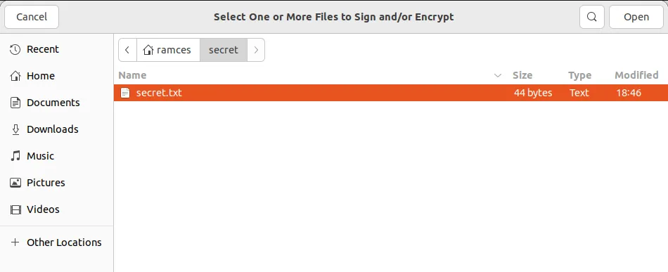 顯示文件選擇器提示文件加密過程的屏幕截圖。