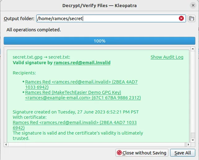 Une capture d'écran montrant le processus de décryptage de fichiers réussi dans GNU Kleopatra.