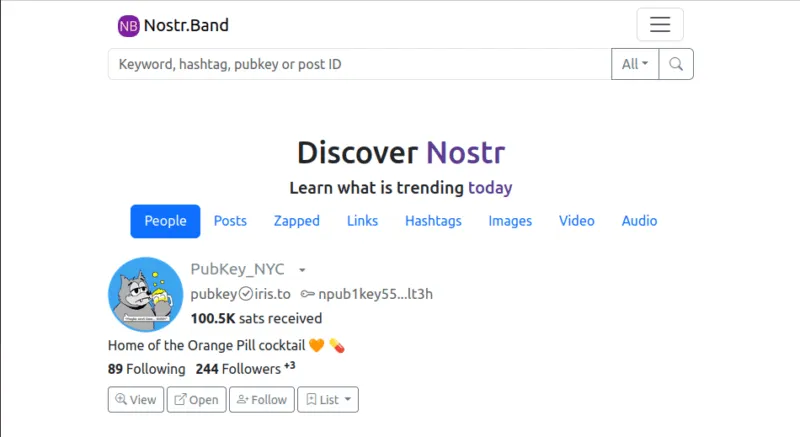 Ein Screenshot der Landingpage für Nostr.Band.