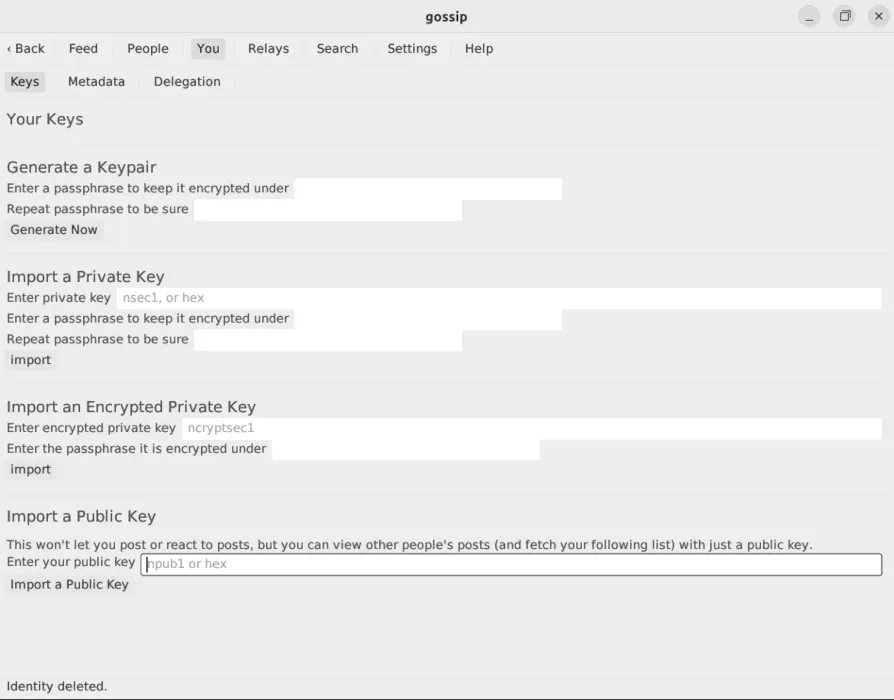 Uno screenshot che mostra l'interfaccia di Gossip per la gestione delle chiavi.
