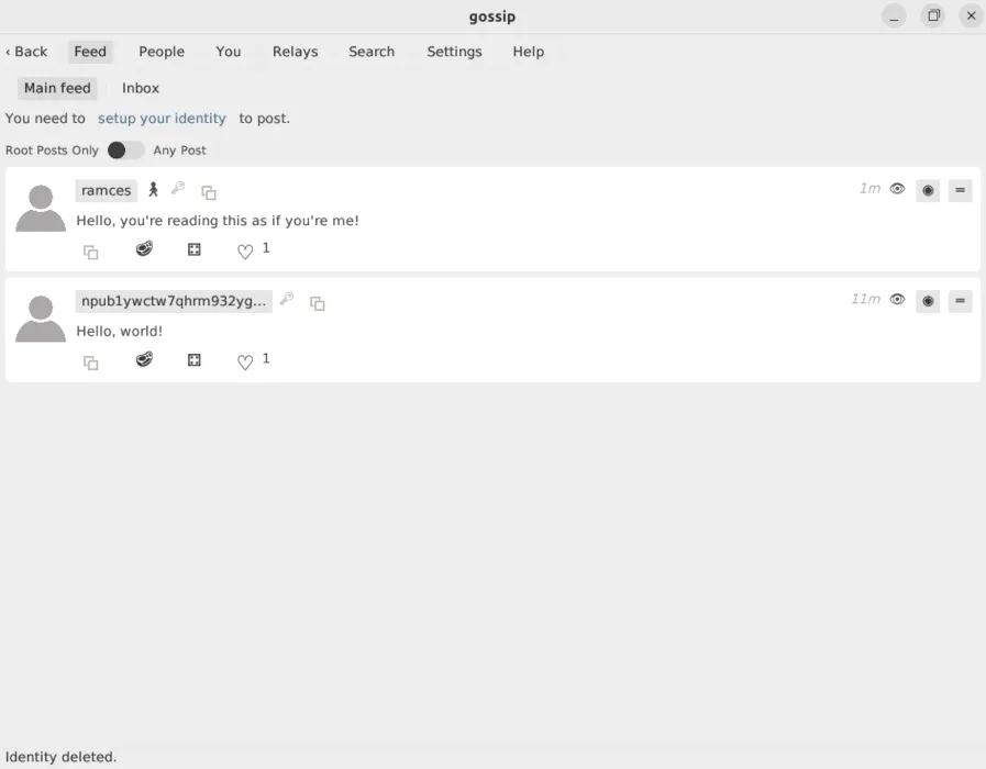 Uno screenshot che mostra l'interfaccia di Gossip con un account Nostr esterno in esecuzione.