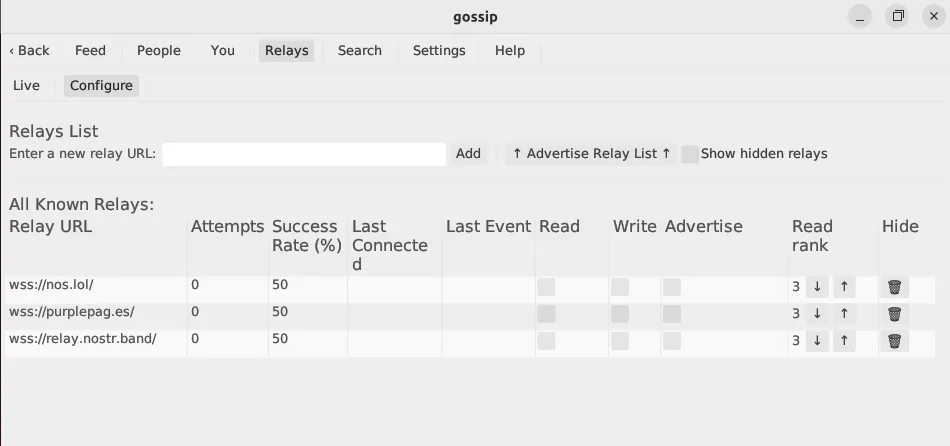 Uno screenshot che mostra un elenco di ripetitori appena aggiunti a Gossip.