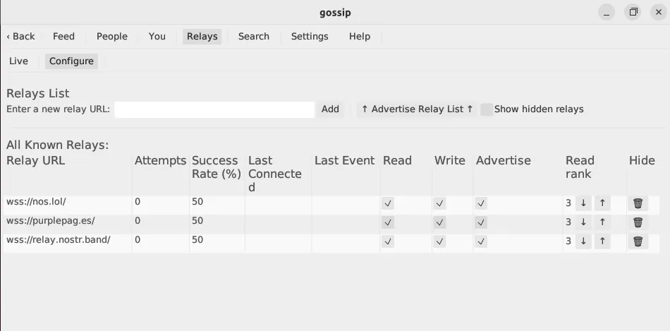 Ein Screenshot von mehreren Relays, die auf dem Gossip-Client aktiviert sind.
