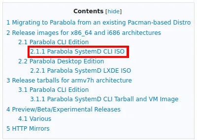 Parabola 下載頁面的屏幕截圖，其中突出顯示了 CLI ISO。