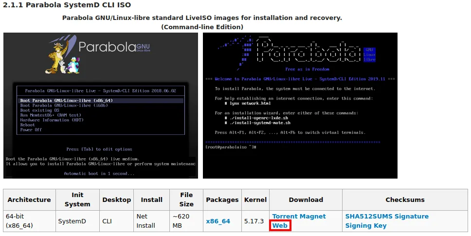 Parabola CLI ISO 下載鏈接的屏幕截圖。
