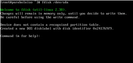 fdisk 加載 sda 磁盤的屏幕截圖。