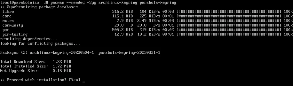 顯示 Parabola GPG 密鑰更新過程的屏幕截圖。