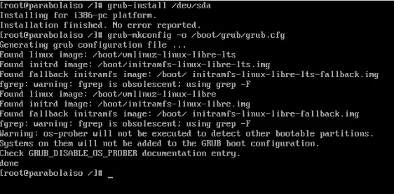 顯示 GRUB 引導加載程序安裝過程的屏幕截圖。