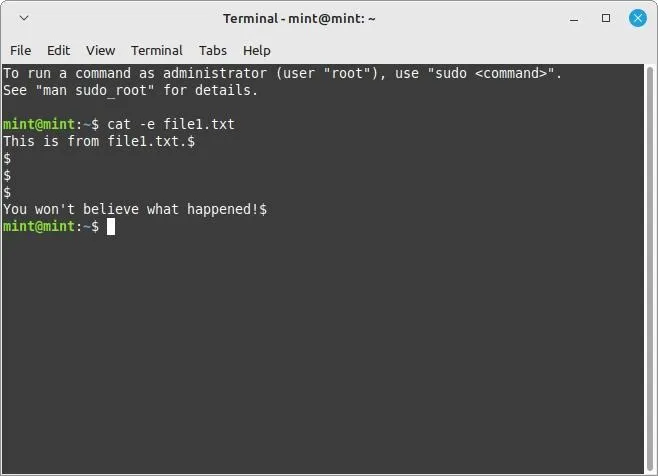 Linux Terminal Cat Command-vlaggen E-vlag