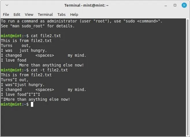 Linux 終端 Cat 命令標誌 T 標誌