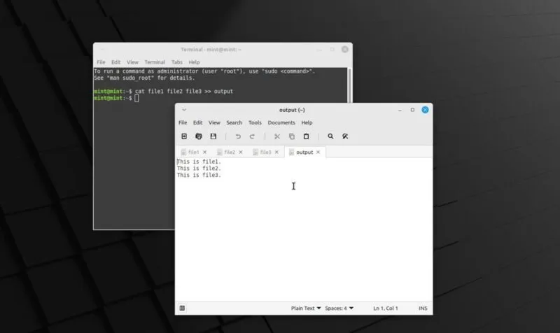 Linux-Terminal, das die Ausgabe von Datei1, Datei2 und Datei3 in eine Ausgabedatei mit Ausgabeinhalten im Textdatei-Editor kombiniert