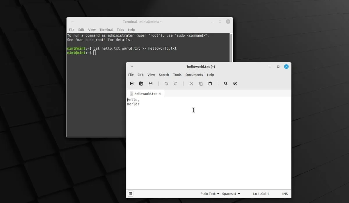Linux-Terminal Hello World in zwei Zeilen aufgeteilt