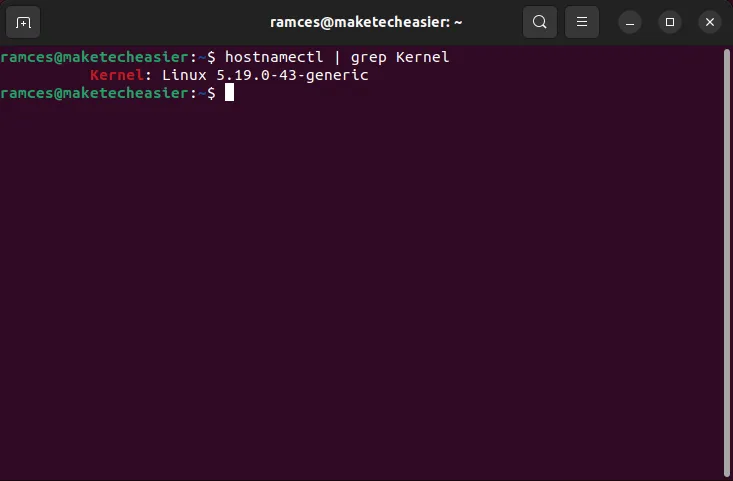 Ein Terminal, das die Ausgabe von hostnamectl zeigt, die durch grep gefiltert wird, um die aktuelle Linux-Kernelversion zu erhalten.