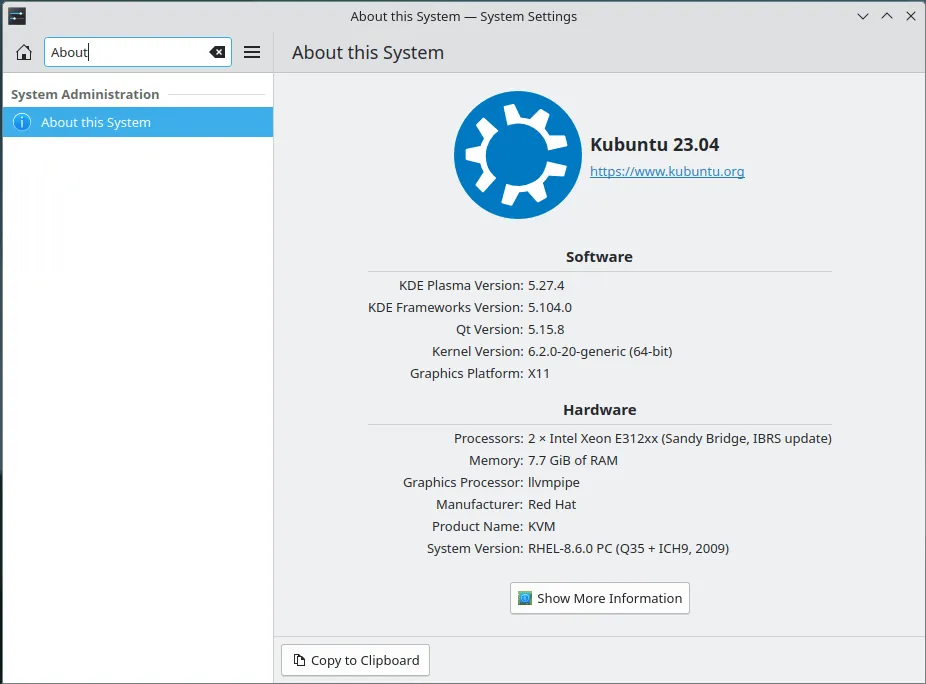 Ein Screenshot des KDE Plasma-Einstellungsfensters mit den Systemdetails der Maschine.