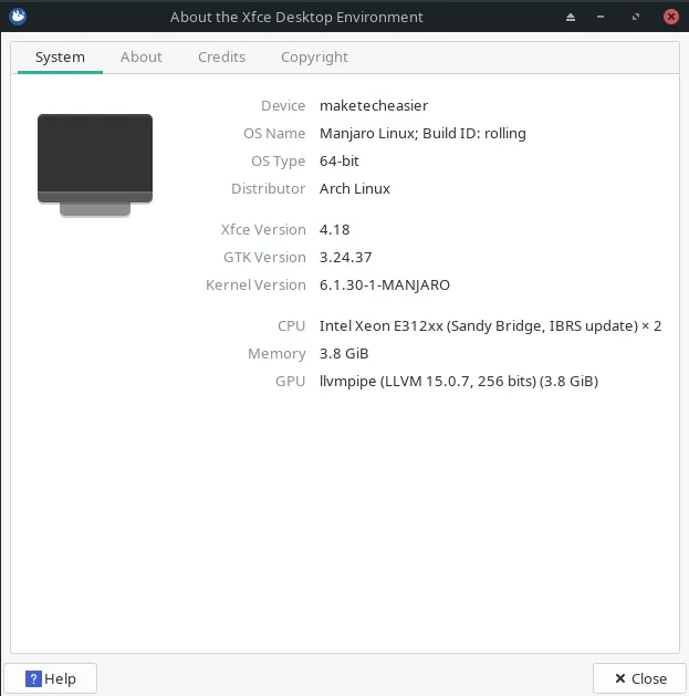 Ein Screenshot des Fensters „Über Xfce“ mit den Systemdetails.