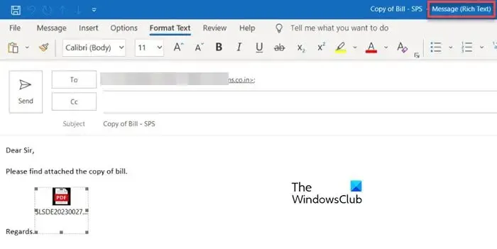 Outlook でメール形式をリッチ テキストに設定