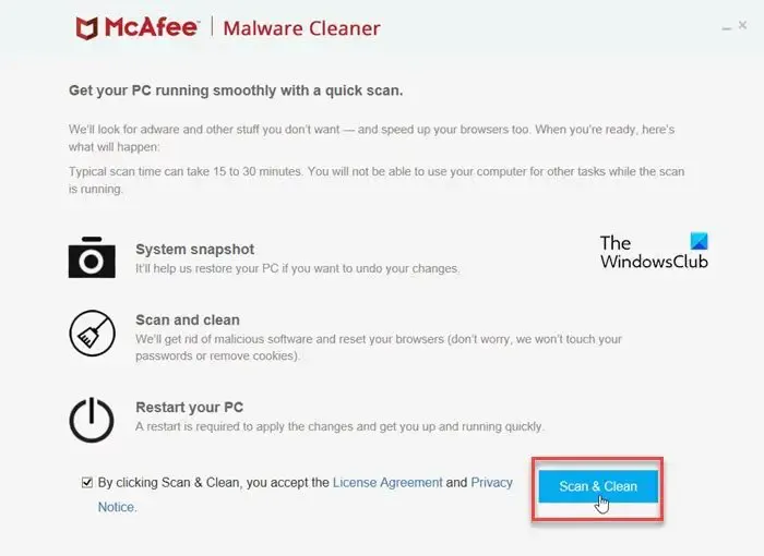 Execute a varredura AV - McAfee Malware Cleaner