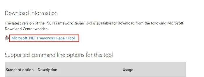 Microsoft .NET Framework修復ツールのダウンロードページ。