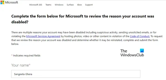 Formulário de contato online da Microsoft