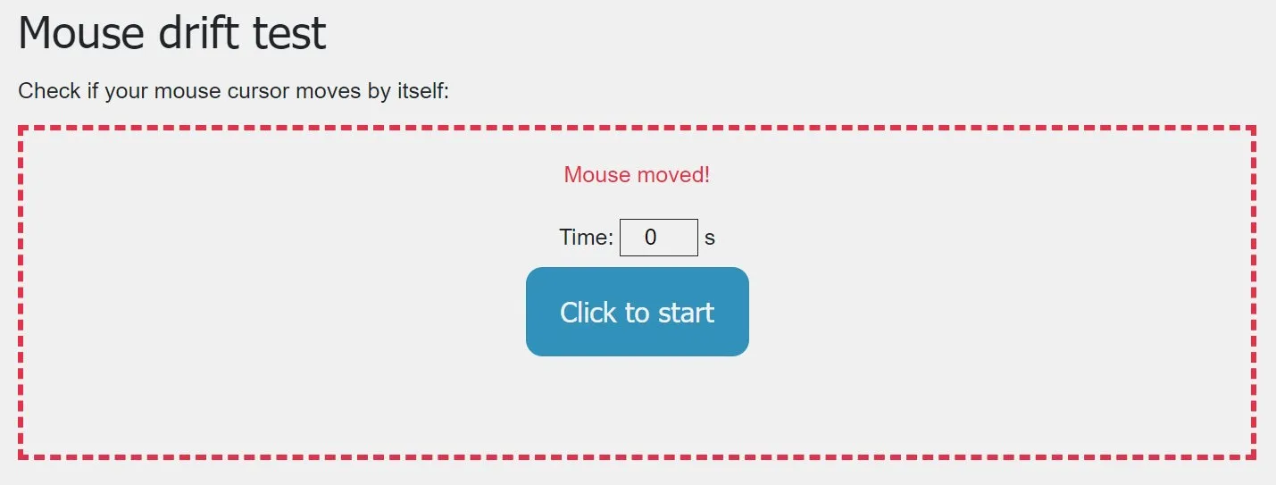 La pagina del Mouse Drift Test che mostra il