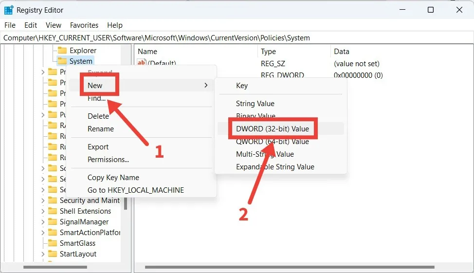 Création d'une nouvelle valeur DWORD dans l'éditeur de registre sous Windows.