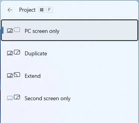 Opzioni di proiezione su Windows 11, con il