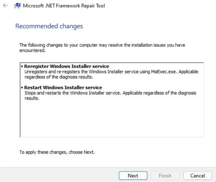 Microsoft .NET Framework修復ツールの推奨される変更。