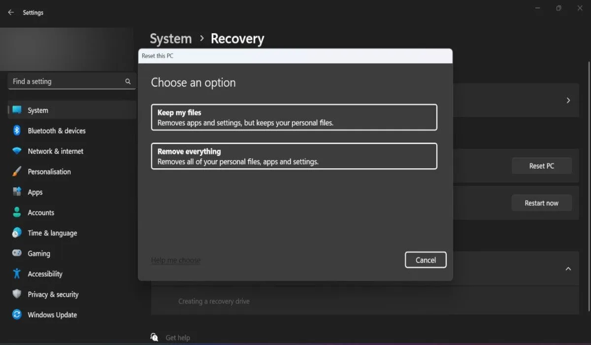 Reinicie as opções do PC visíveis no Sistema em Recuperação.