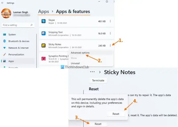 Reset Sticky Notes-app