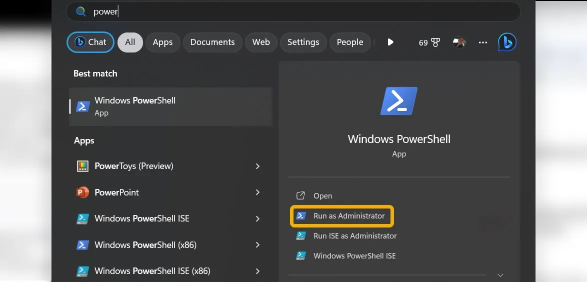 Digitazione per PowerShell tramite Windows Search.  