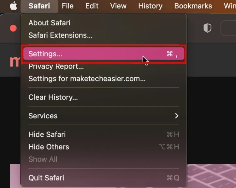 Botão de configurações do Safari no menu superior