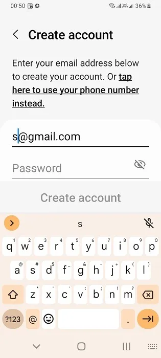 Création d'un compte Samsung avec votre e-mail Gmail dans l'application Samsung Wallet.