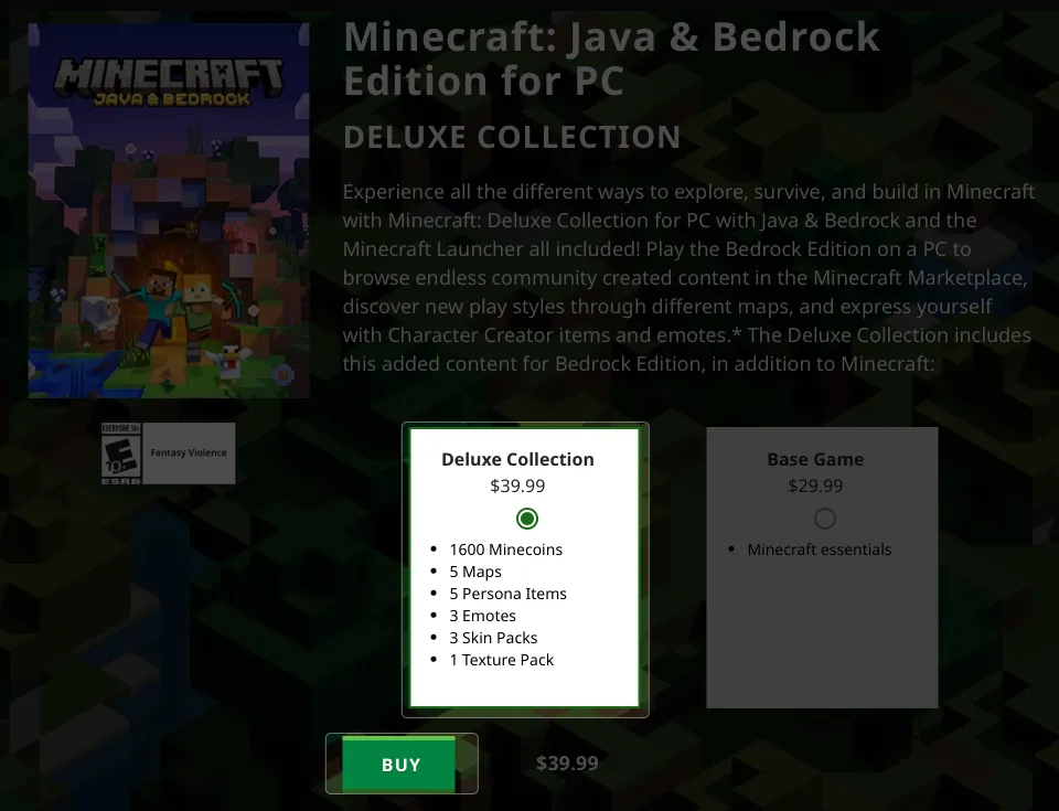 Seleziona Collezione Deluxe, tocca ACQUISTA in Minecraft