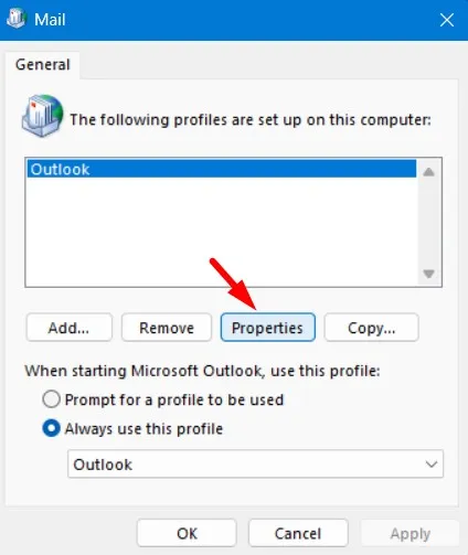 Wybierz swój profil programu Outlook i kliknij Właściwości